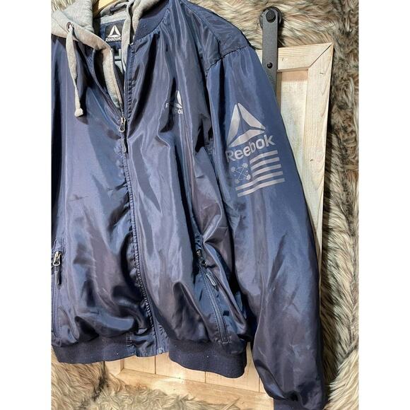 Reebok Navy Blue Fleece Lined Polyester Double Zipper Hooded Jacket / Coat Men L - Picture 3 of 7
